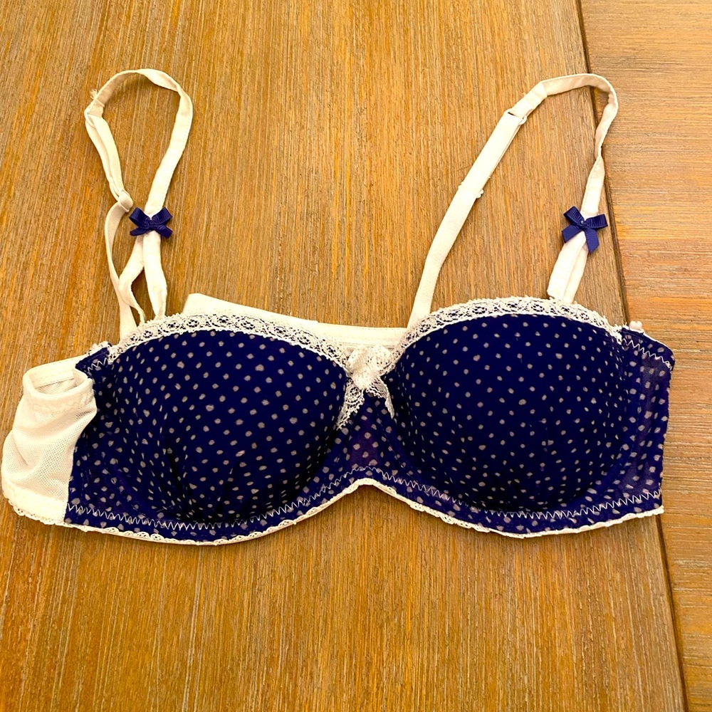 Mimi Holliday blue and white polka dot bra, size 34A